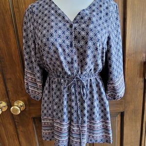 Mi Ami Romper with Tie Belt and Stretch Waist Sz M P2P 18 W 12 L 18 Blue Green